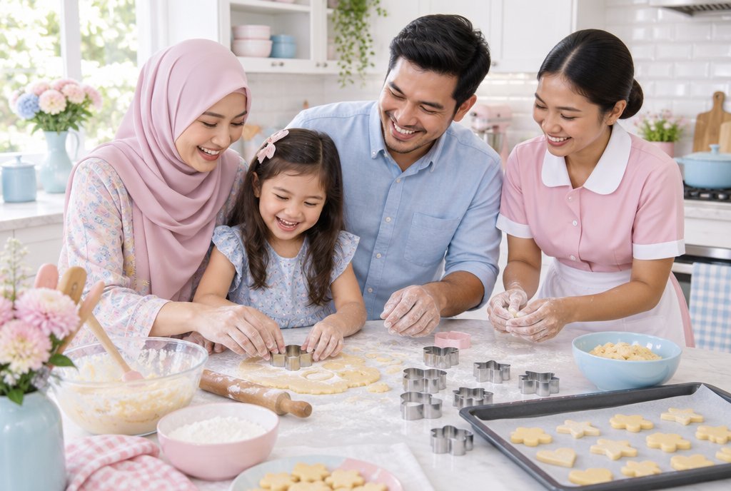Family and their helper baking together