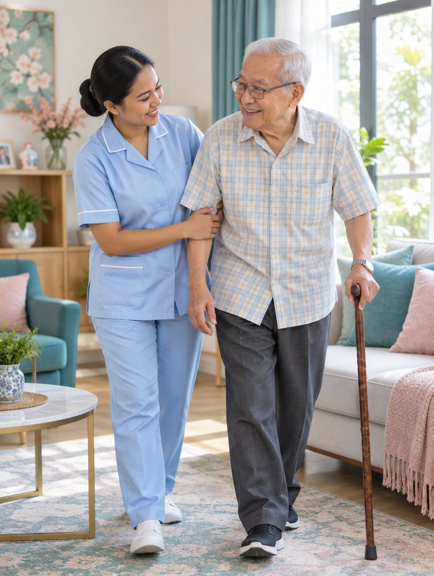 Helper supporting an elderly parent at home