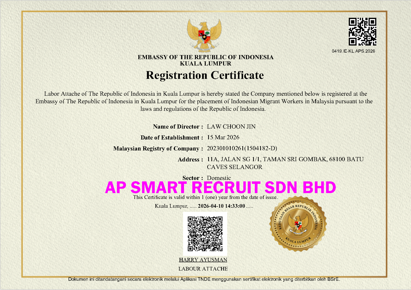 Indonesia Sipermit accreditation certificate